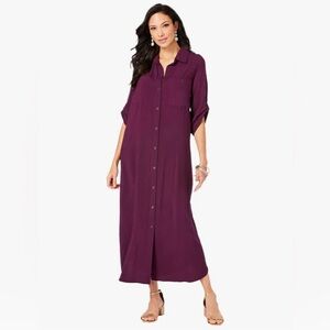 Roaman's Purple Buttoned Maxi Dress with Notched Collar